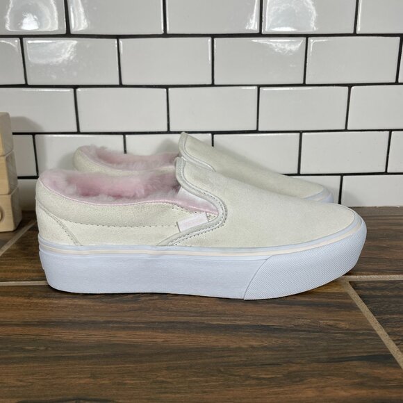 Vans Classic Slip On Platform Womens 8 Shoes Cream Suede Pink Faux Fur Sneaker - Picture 4 of 15
